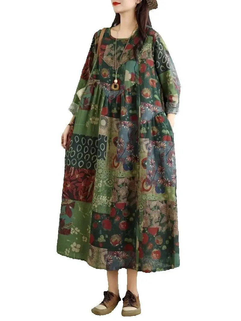 

Платье большого размера в стиле ретро из хлопка и льна с круглым вырезом и длинными рукавами для осени, повседневное свободное платье средней длины w635