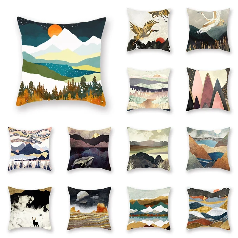 45x45cm Hand Painted Scenic Cushion Cover Sunrise And Moon Mountains Modern Art Pillows Case  Home Sofa Decorative Living Room