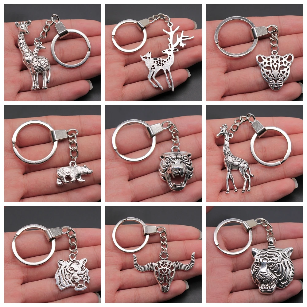 Animal Keyring Key Chain Vintage Antique Silver Color Metal Alloy Frog Tiger Fox Deer Pig Beer Hedgehog Souvenir Keychain Gift