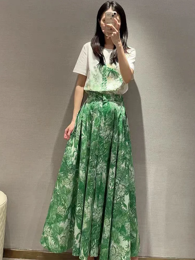 

Fashion women's suit T-shirt with round neck and short sleeves+loose skirt with high waist and new casual two-piece suit in summ