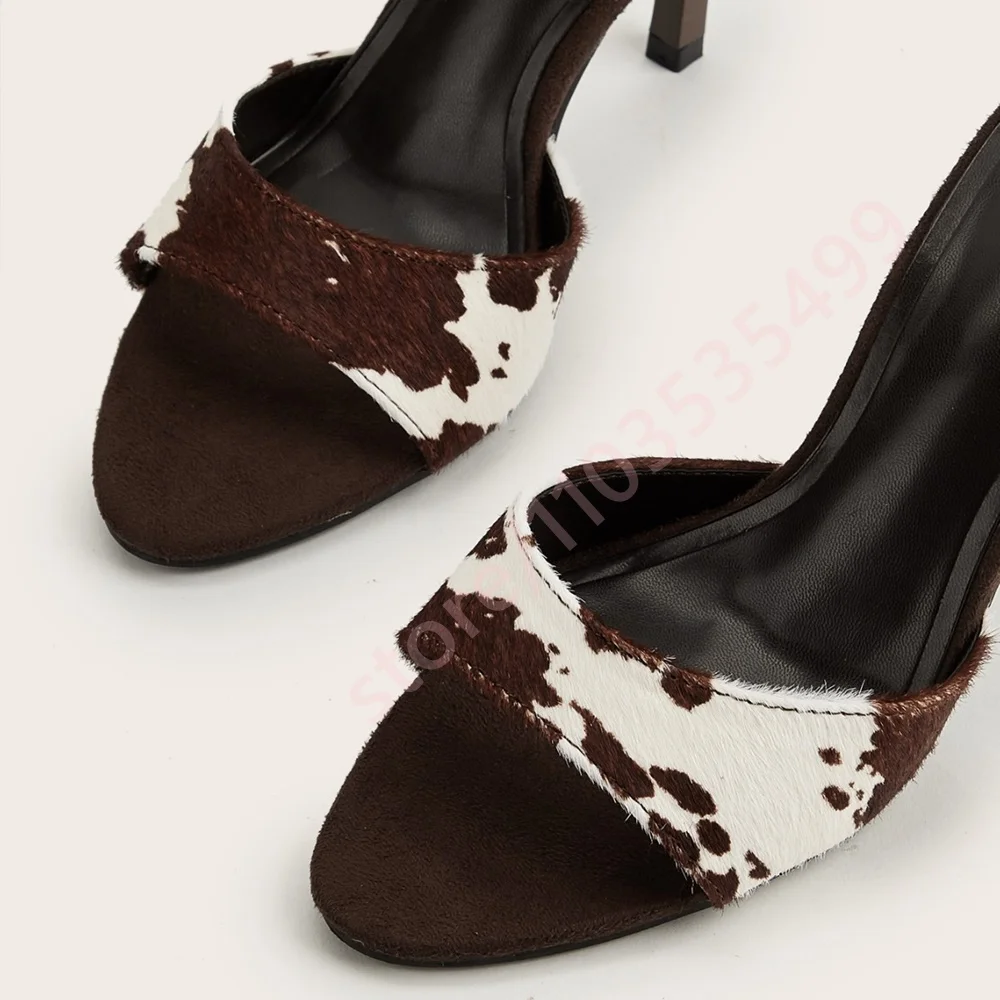 

2026 New Cow Print Fur Heeled Mules Brown Peep Toe Stiletto Slippers Fashion Women Outdoor Slip-On Casual Horsehair Slippers