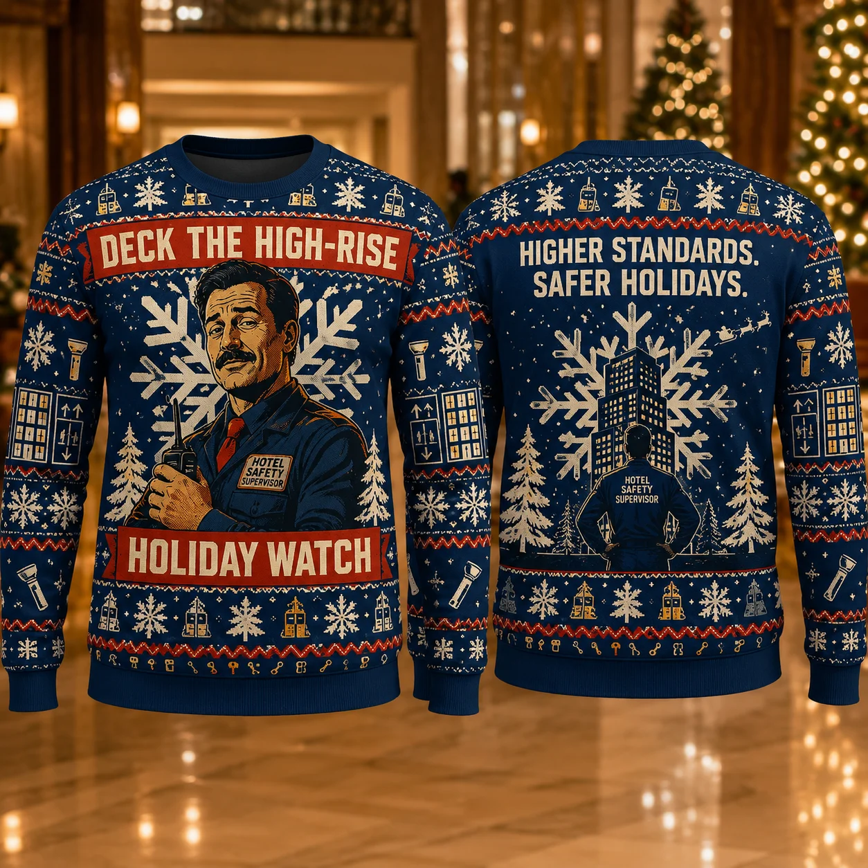 Ugly Christmas Sweater Building Maintenance Hero Crewneck Sweatshirt Polyester 3D Print Night Shift Holiday Pullover Gift