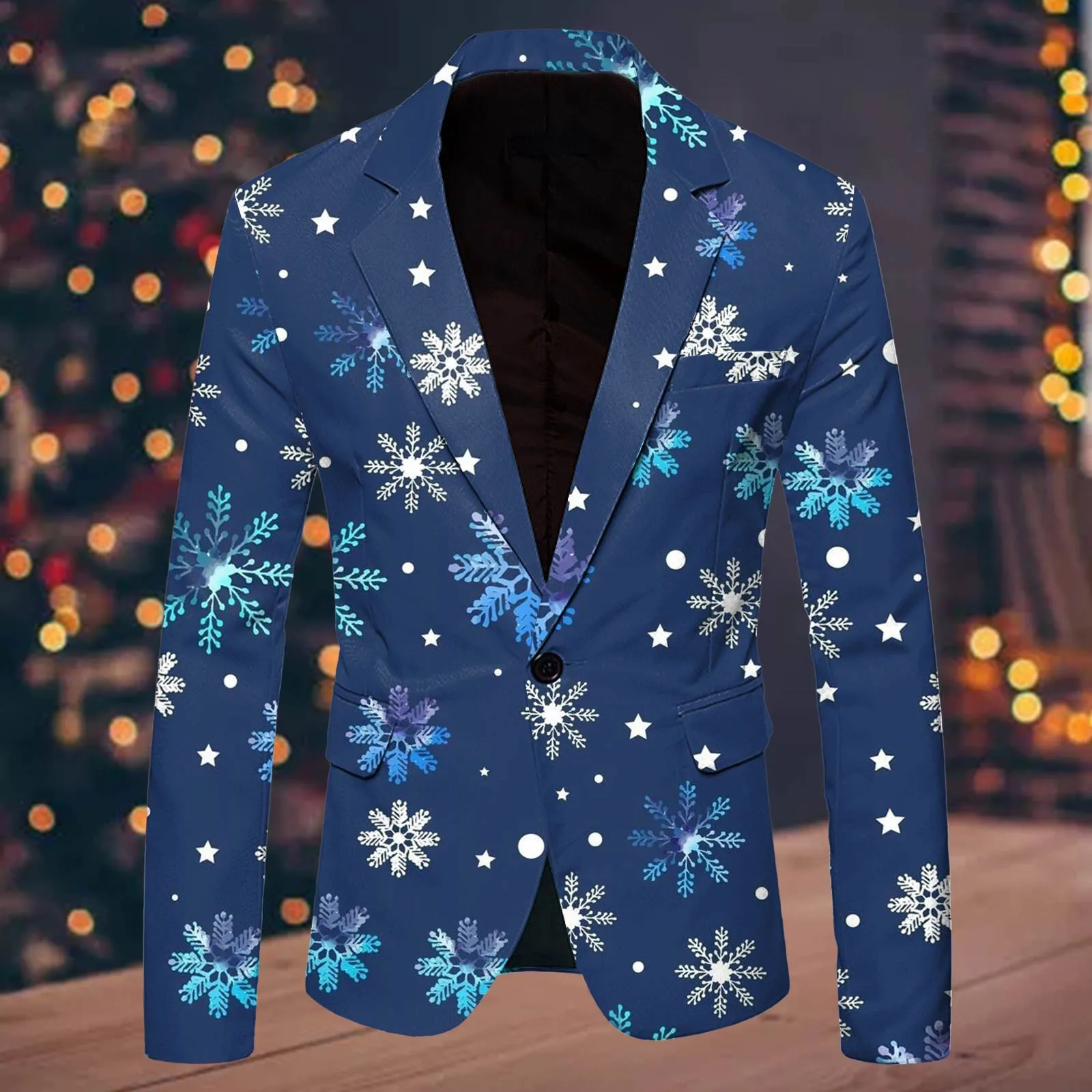 Snowflake Pattern Christmas Blazer Jacket Men Fashion Leisure Christmas Printed Pocket Singel Button Jacket Mens Party Clothing