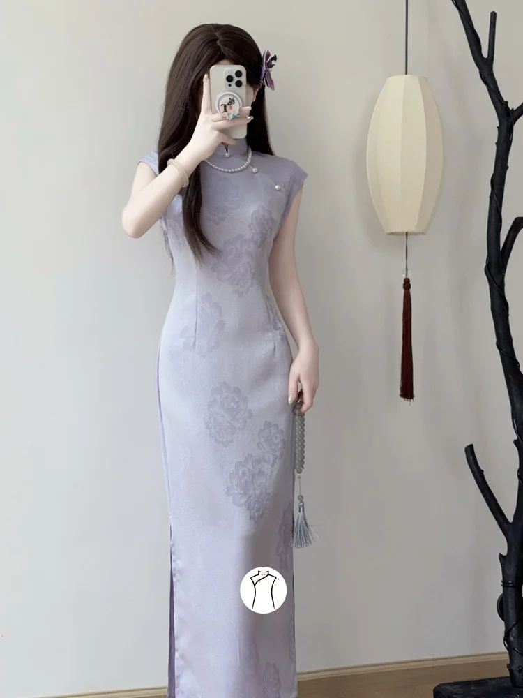 

Новое китайское фиолетовое ципао для молодых девушек: элитное, изящное, винтажное, длинное, дышащее, легкое, летнее