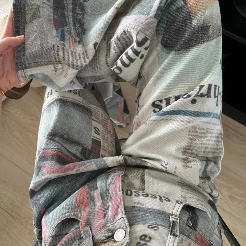 2024 Newspaper Print Design Straight Leg Wide Leg Mop Jeans Summer New Trendy Men's Women's Casual Versatile Fashion Clothing