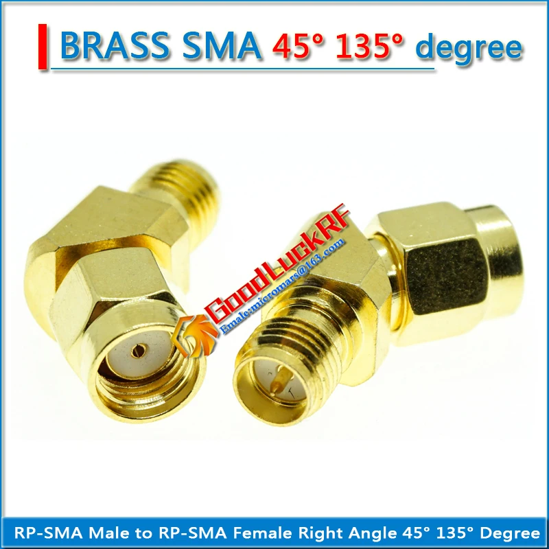 RP-SMA dual RPSMA RP SMA macho a RP SMA hembra, adaptador de conector RF Coaxial de latón dorado, ángulo oblicuo de 45 ° y 135 °