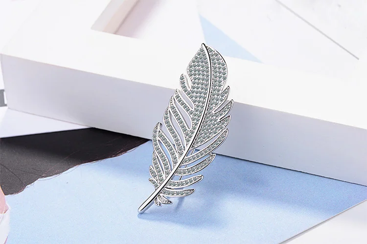 Fashion leaf Feather 925 sterling silver Brooches for Women Corsages with Shining Crystal Brooch Big Scarf Clothes Accessories