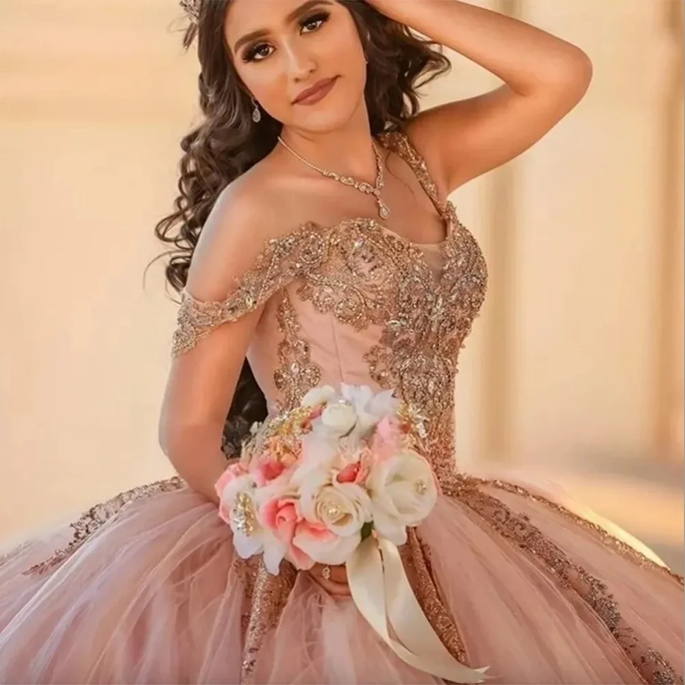 Pink Shinny Hand-Sewn Beads Quinceanrra Prom Dresses Golden Lace Appliques Off The Shoulder Princess Sweet 16 Dress Vestidos