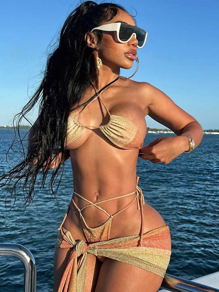 

Insglas Party Sexy Colorful Print 3 Piece Set Women Sequins Beach Swimsuit Halter Bra+Thong+Ruched Skirts Vacation Bikini Suits