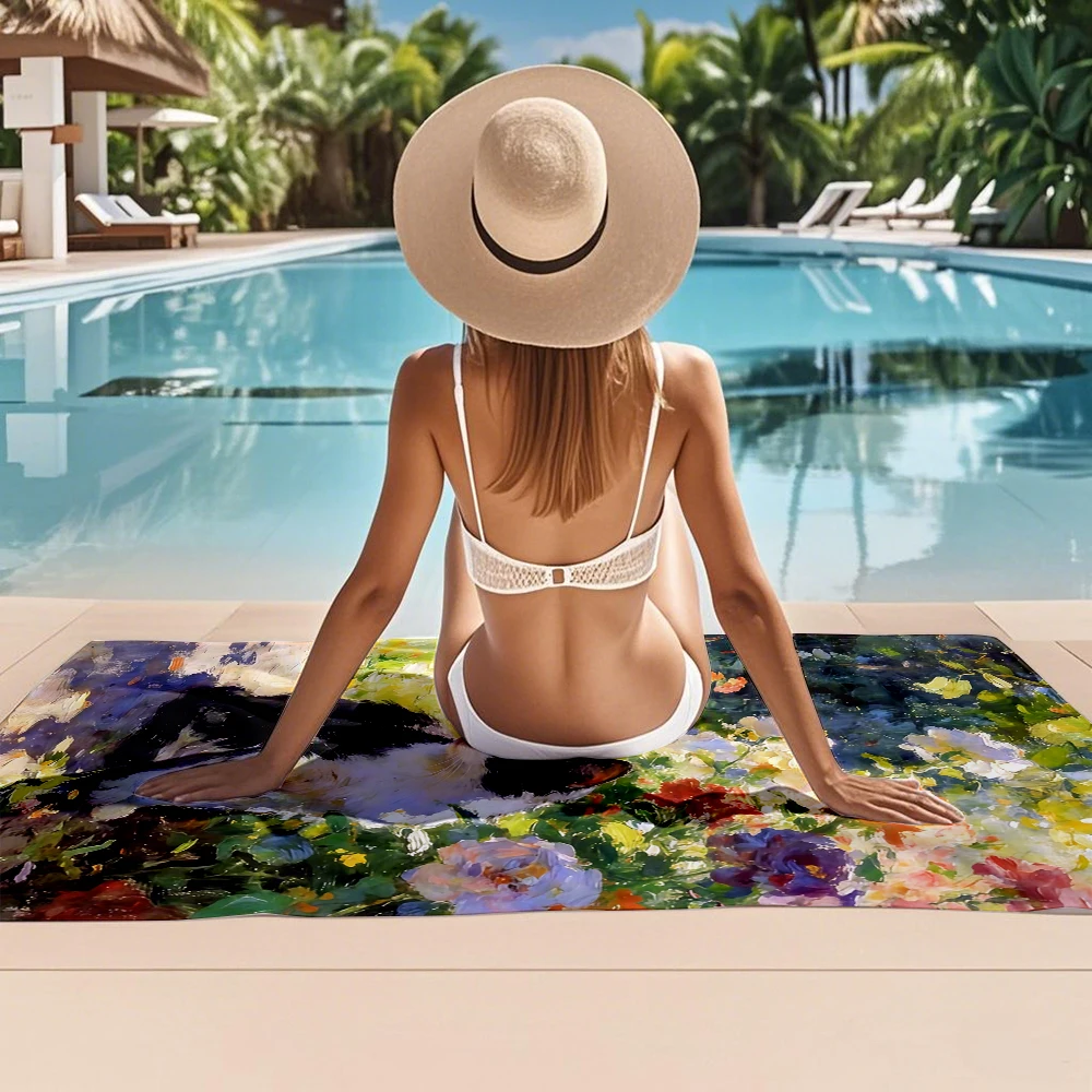 Impressionist Garden Cat Compact Travel Beach Towel Super Absorbent Sand Resistant, Microfiber for Swimming Camping Yoga view 6