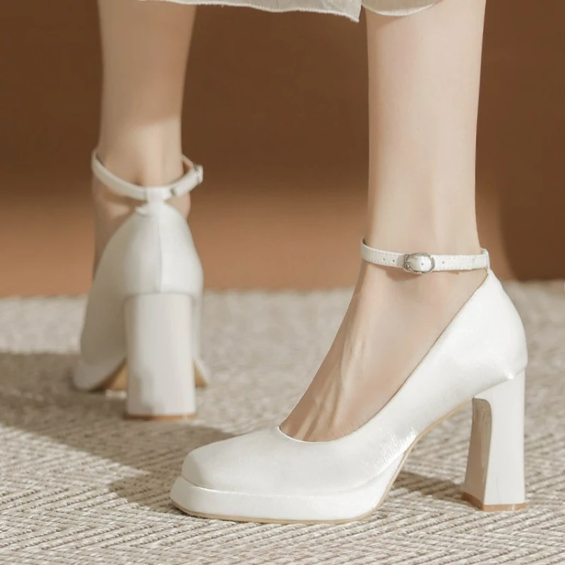 

Petite Satin Mary Jane Square Toe Chunky Heel Platform High Heels Bridal Wedding Shoes Women Off White