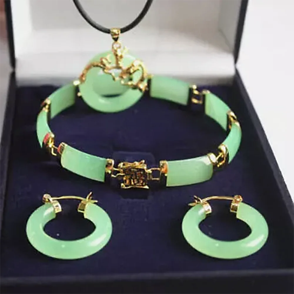 Jewelry Set Jade 18K Gold Plated Pendant Necklace Bracelet Earrings Lucky Party