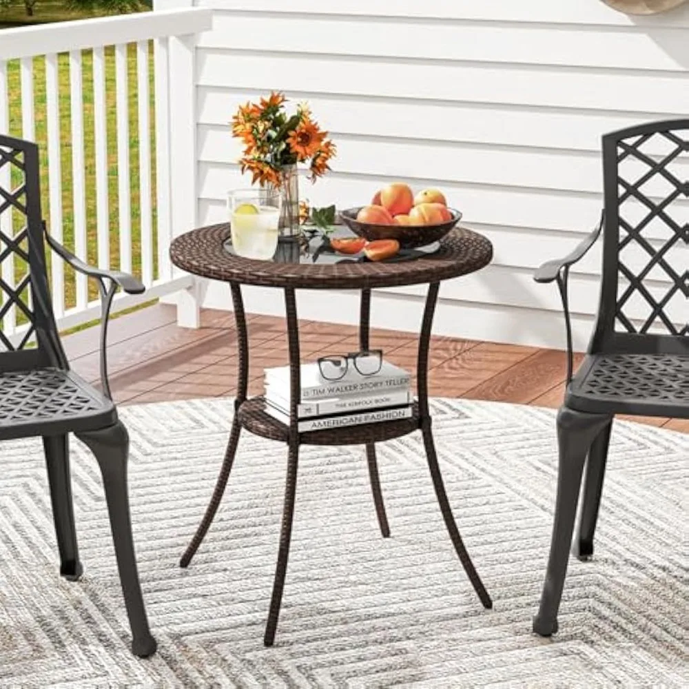 25.5" Wicker Patio Dining Table, Outdoor Round Bistro Side Table with Tempered Glass Top and Storage Shelf,