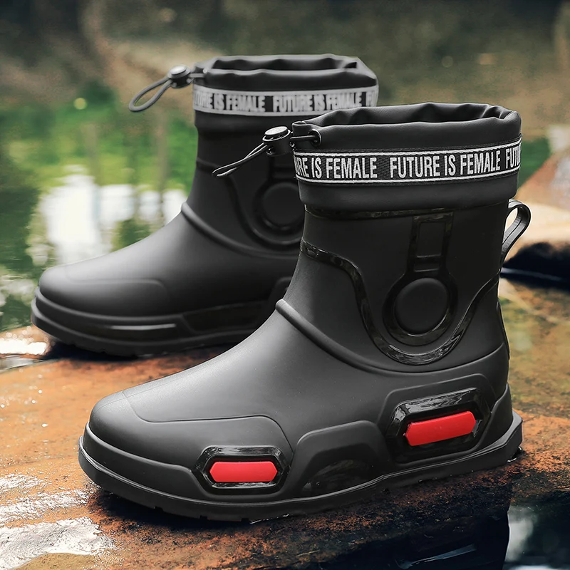 Men's Rain Shoes No-slip Waterproof Fashion Mens Low Barrel Water Shoes Rubber Shoes Drawstring Rain Boots Fishing Boots for Men