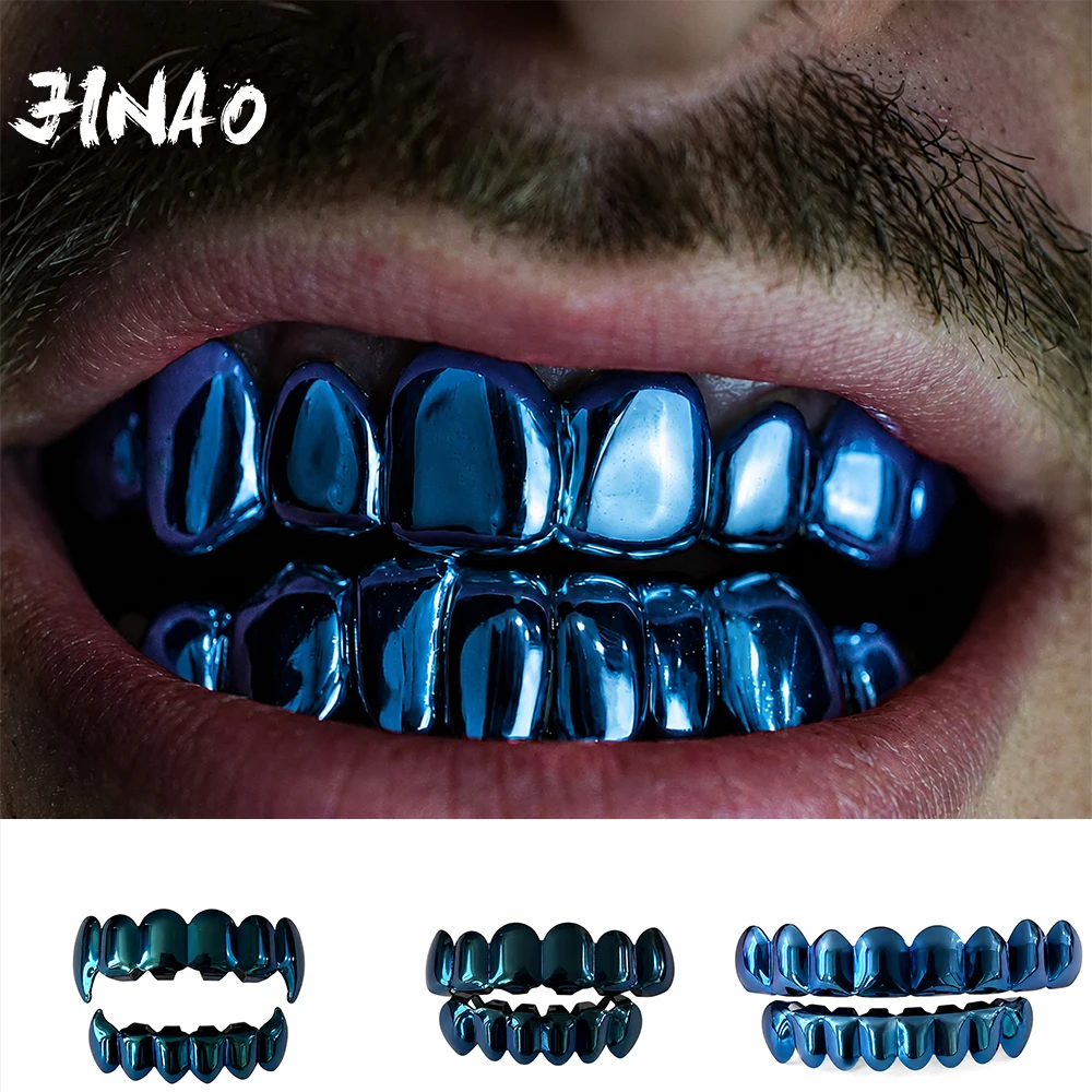 JINAO Hip Hop 6-8 Dents Surface Lisse Bleu Foncé Ensemble Grillz Homme Femme Haut & Bas Brillant Style Punk Rapper Noël
