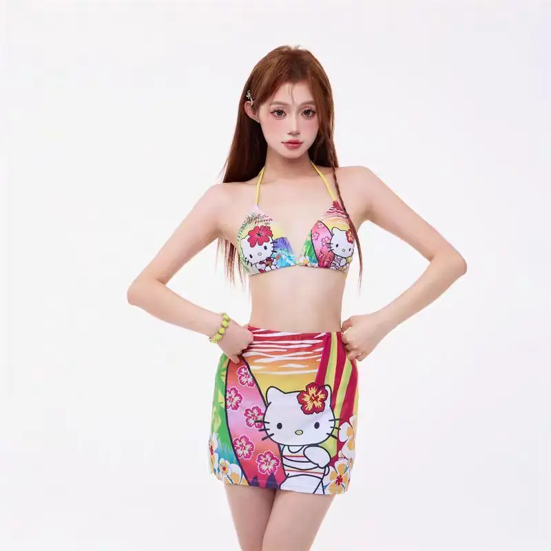 

2025 Hello Kitty Anime Kawaii MINISO Ins Three-point Sexy Three Set Dress Cute Beach Shirt Clothing Kt Cat Gifts for Girls