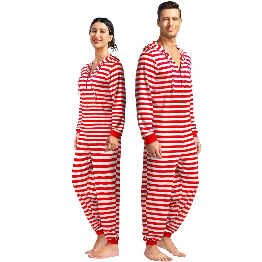 Adult Christmas Pajamas Cute Family Sleepwear Sets Zipper Hooded Jumpsuit Couples Stripes Pjs Mens and Womens Onesies Costumes