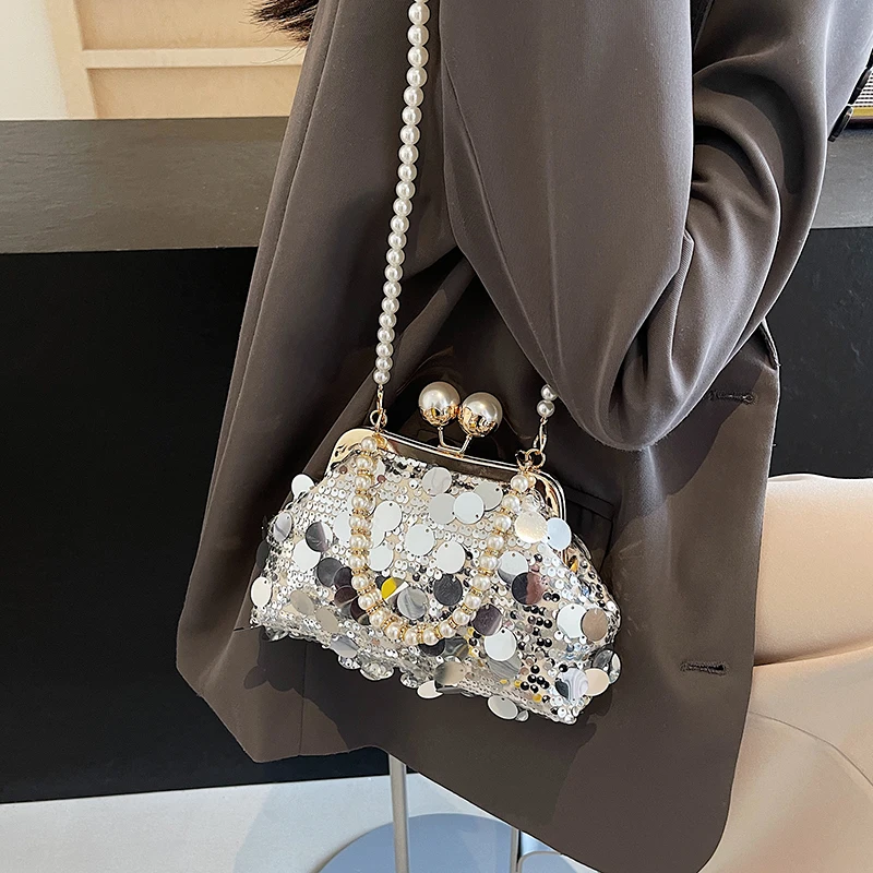 Bag 2024 New Women\'s Pearl Chain Bag Niche Luxury Design Sequin Bag Casual Street Shoulder Crossbody Bag Trend Underarm Bag