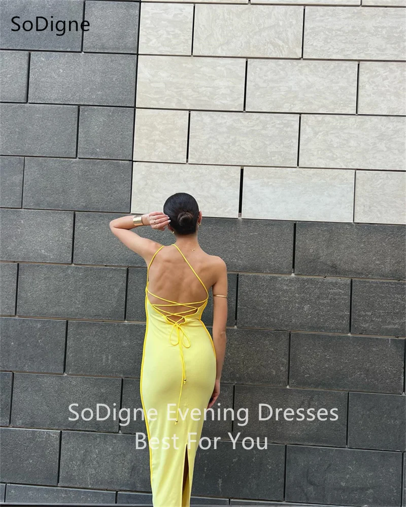 SoDigne Bright Yellow Prom Gowns Backless Sleeveless Cross tie straps Banquet Dresses Rear fork Evening Party Dresses Customized 3