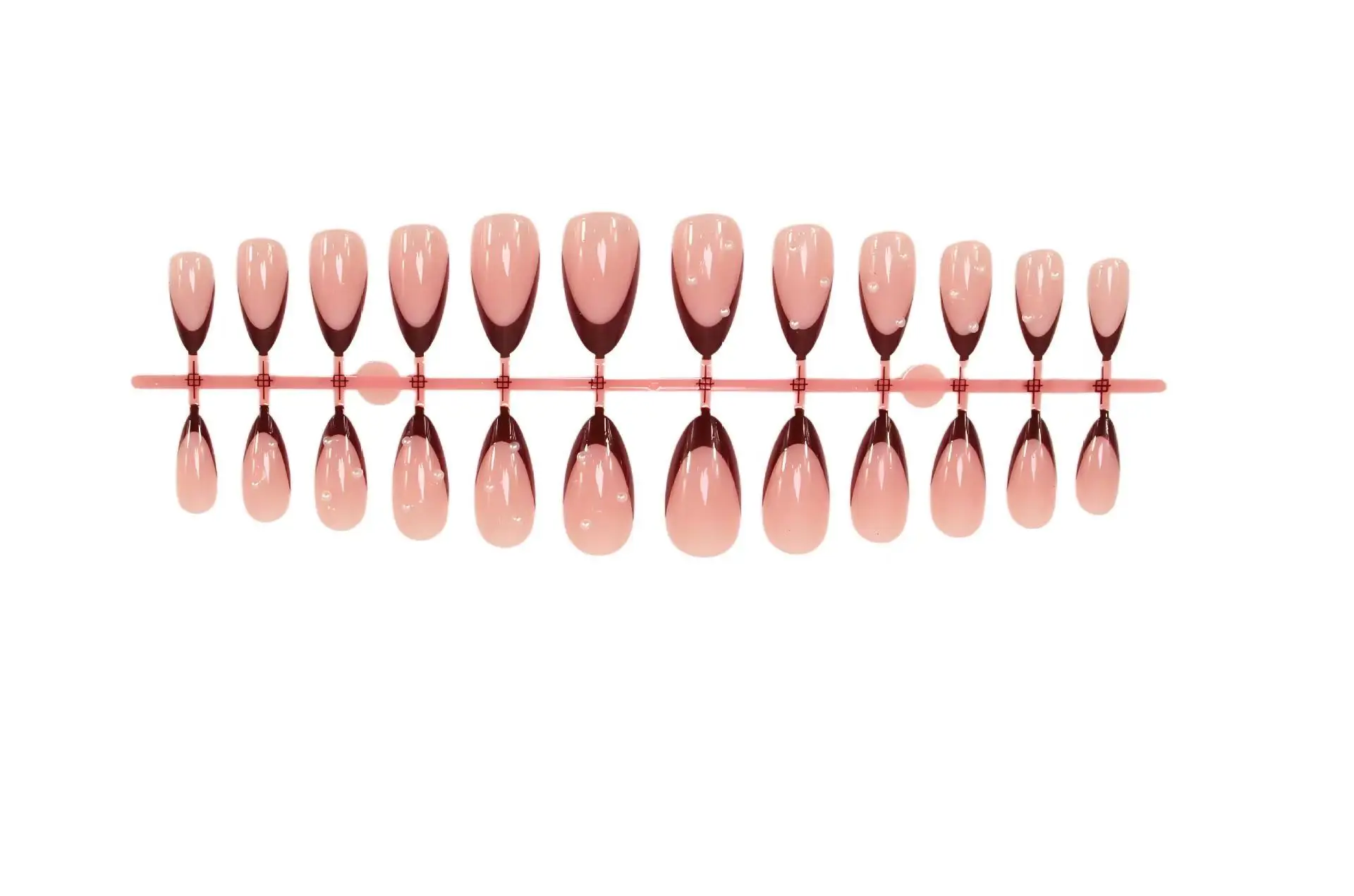 24PCS Classic burgundy nail set paired with French pointed fake nails and adorned with mini sequined pearls view 4