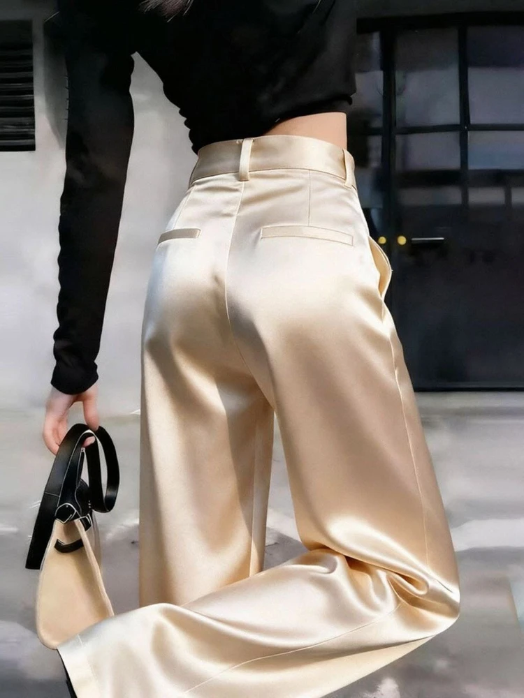 High Waist Satin Wide Leg Pants White Black Pants Women Summer Thin Loose Casual Pants Fashion Solid All-match Straight Trousers