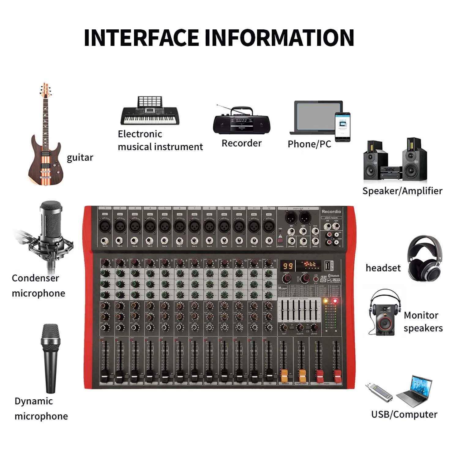 GAX-CY12 Professional 12-channel  Sound Mixing Console With Blueteeth Sound Mixer Audio 99 DSP Effects Phantom Power 48V USB - view 4