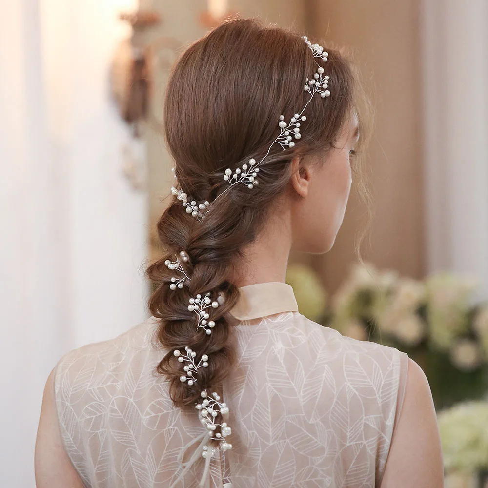 SLBRIDAL Handgefertigtes Langes Blumen- und Blätter-Haarband mit Strass und Perlen, Brautschmuck, Hochzeits-Kopfschmuck für Brautjungfern und Frauen – Detail 2