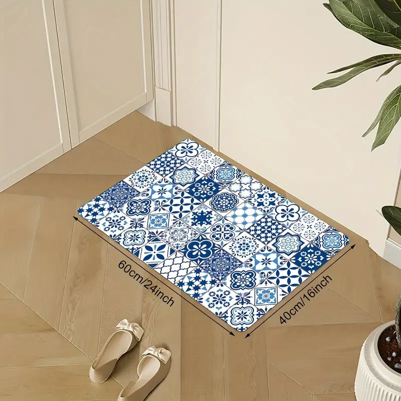 Modern Blue Ceramic Tile Kitchen Floor Mat Decor Kitchen Corridor Balcony Rug Laundry Room Mat Bathroom Anti-slip Doormat Decor