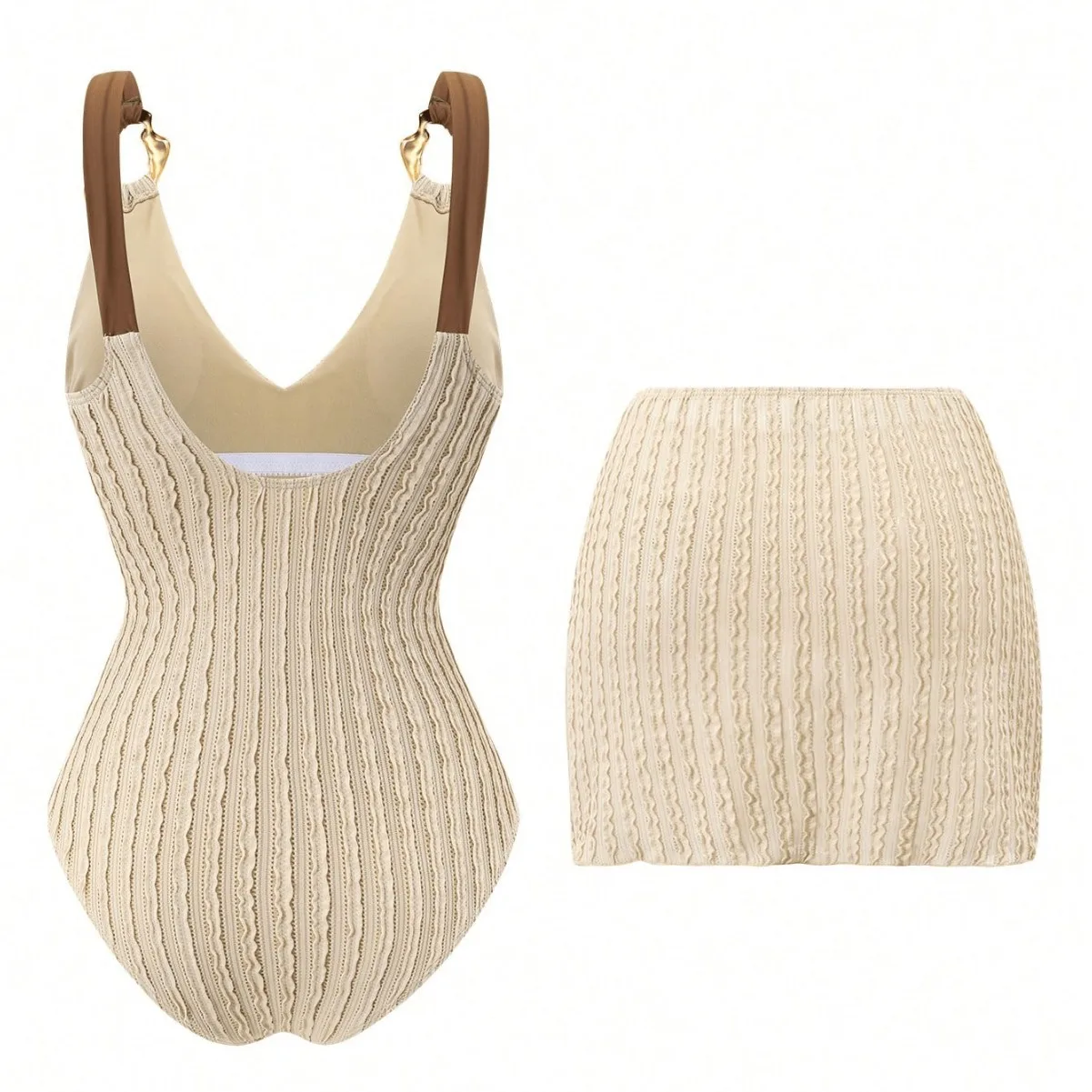 Wavy‑Textured 2 Piece Swim Set Metal Ring Spaghetti‑Strap V‑Neck Monokini Swimsuit Belted Wrap Skirt Women Summer Beachwear