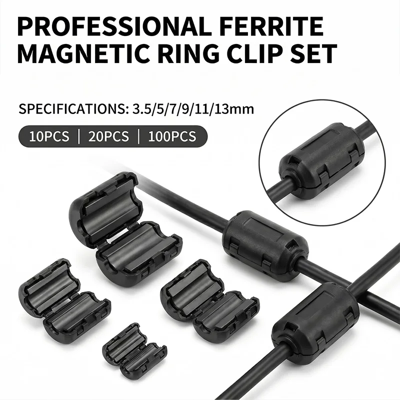 Professional Ferrite Core Magnetic Ring Clip 3.5/5/7/9/11/13mm Noise Filter Suppressor for RFI EMI Cable Clip-on 10/20/100PCS