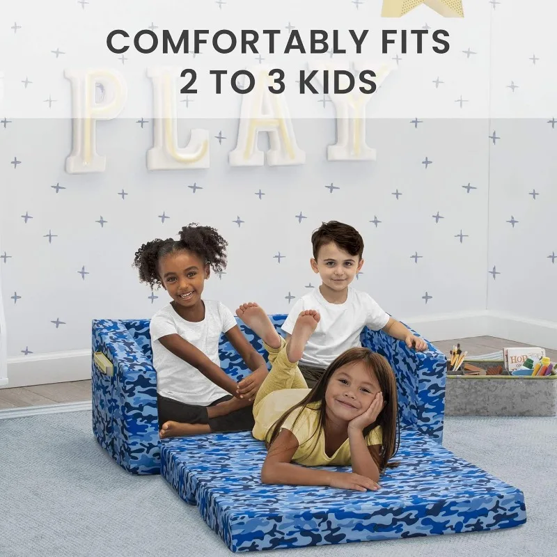 2-in-1 Extra Wide Convertible Sofa to Lounger-Comfy Flip Open Couch/Sleeper for Kids, 16.5"D x 30"W x 15"H,Blue Camo