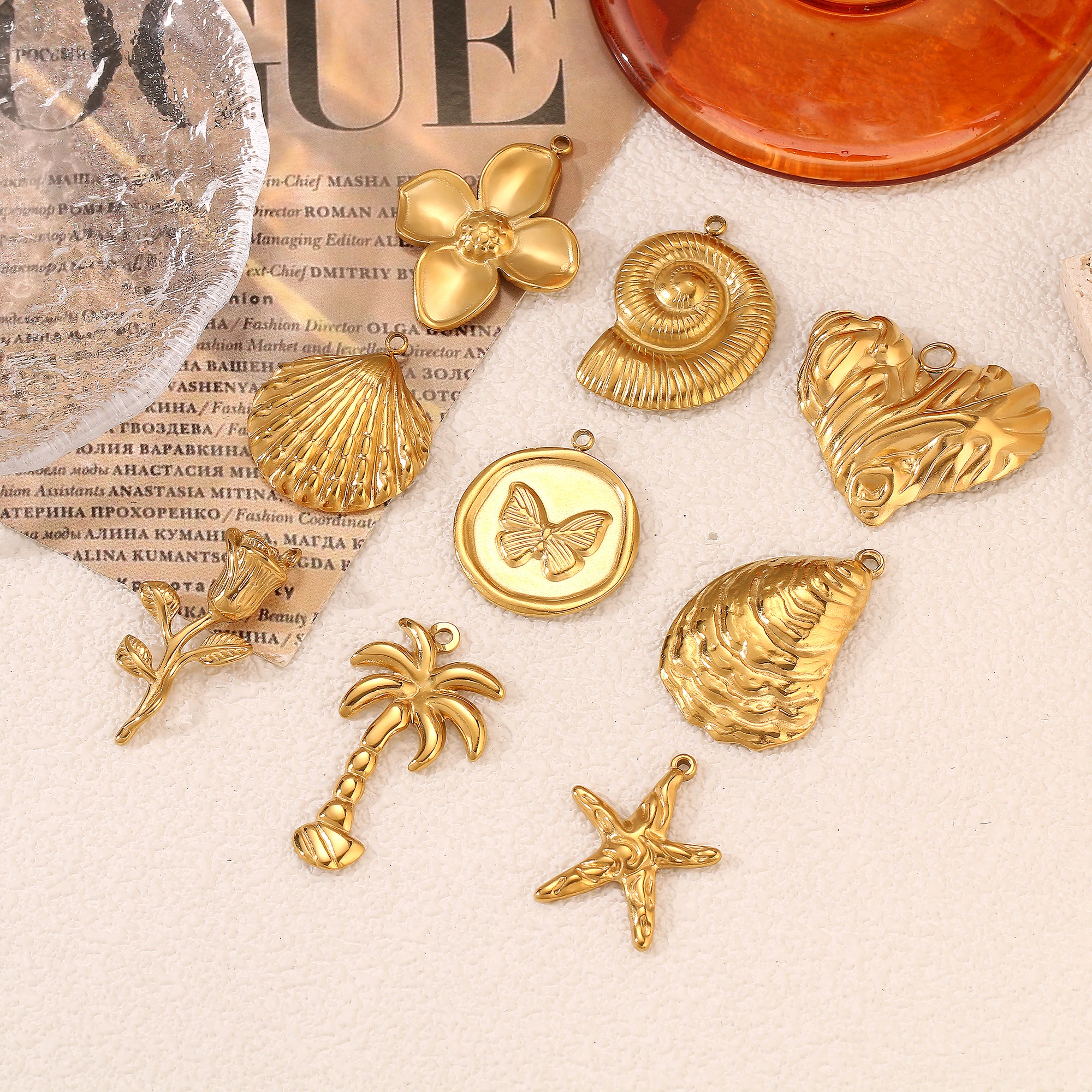 3Pcs Stainless Steel Fish Tail/Shell/Rose/Butterfly Charms Waterproof Gold Color Plated Marine Animal Pendant DIY Jewelry Making