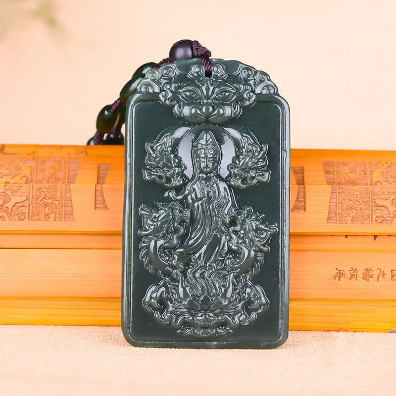 

Natural Xinjiang Hotan Jade Sapphire Kowloon Guanyin Pendant Men's Safe and Versatile Pendant Jewelry