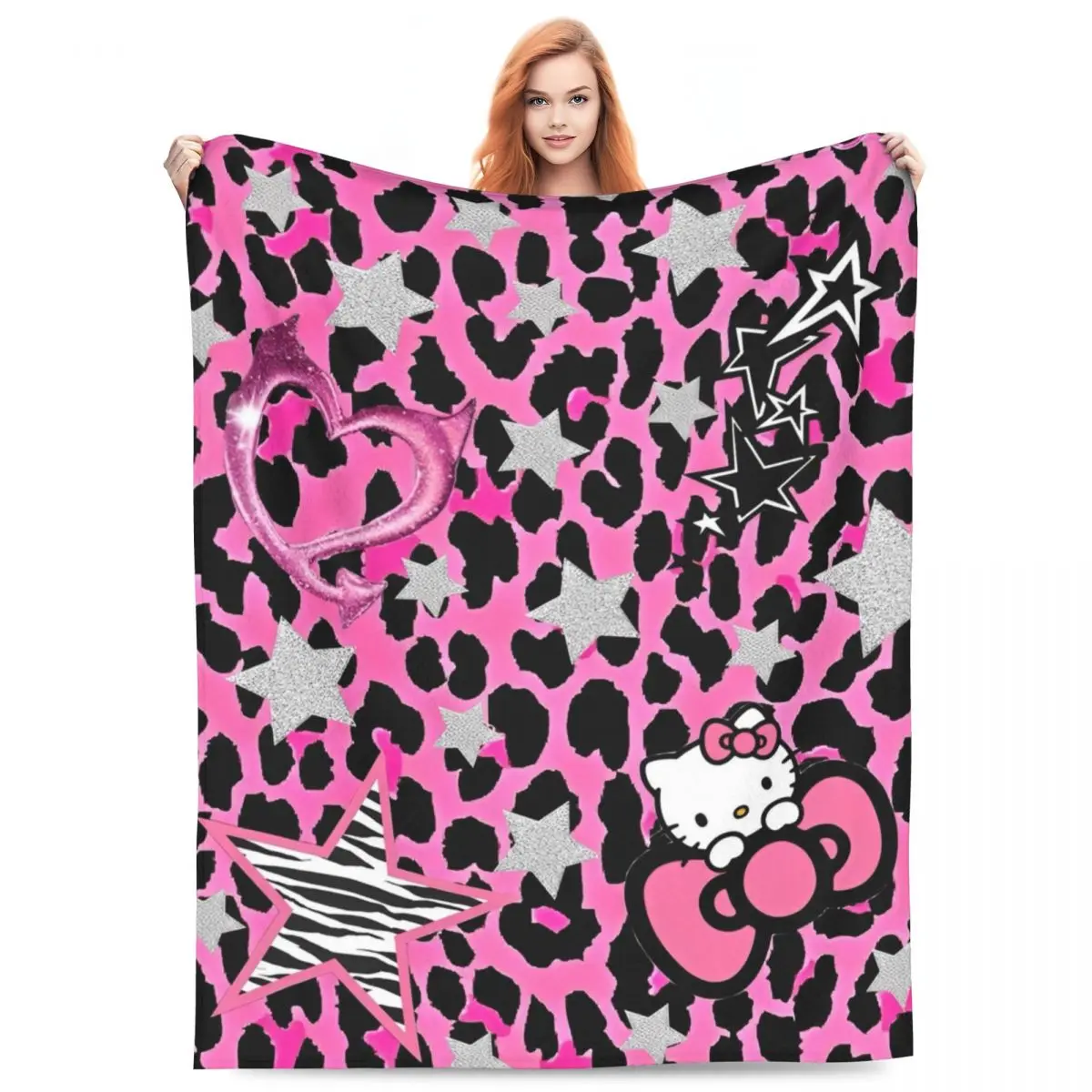 Pink Leopard Hello Kitty Warm Soft Blanket Travel Plush Throw Blanket Street Trend Bedroom Flannel Bedspread Sofa Bed Cover