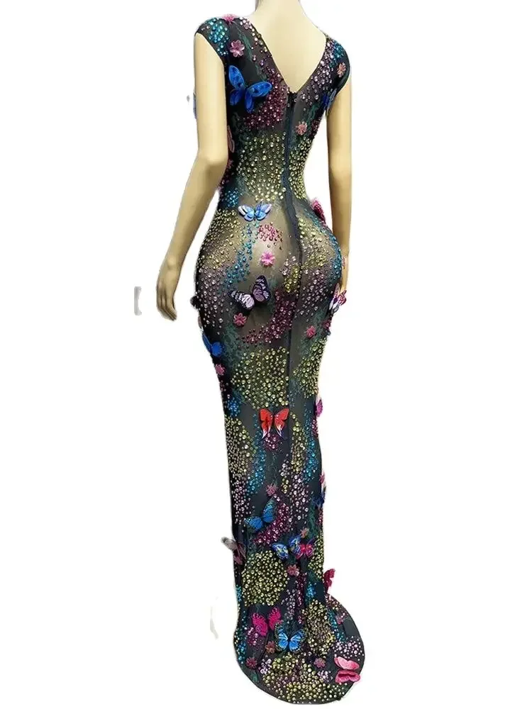 

Women Concert event show outfit Rhinestone Elastic Slit Butterfly Dress Women'S Clothing luxury birthday dress