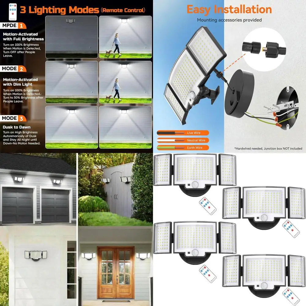 

Outdoor 20W LED Motion Sensor Security Light, 3000LM, 6500K, 3 Heads, IP65 Waterproof, 4-Pack for Yard, Garage, Door, Porch, Pat