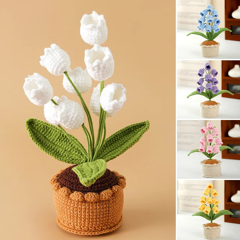 اليدوية الأنيقة الزهور الاصطناعية الكروشيه محبوك الزنابق وادي زهرة بوعاء منضدية غرفة ديكور حلية هدية الزفاف #2