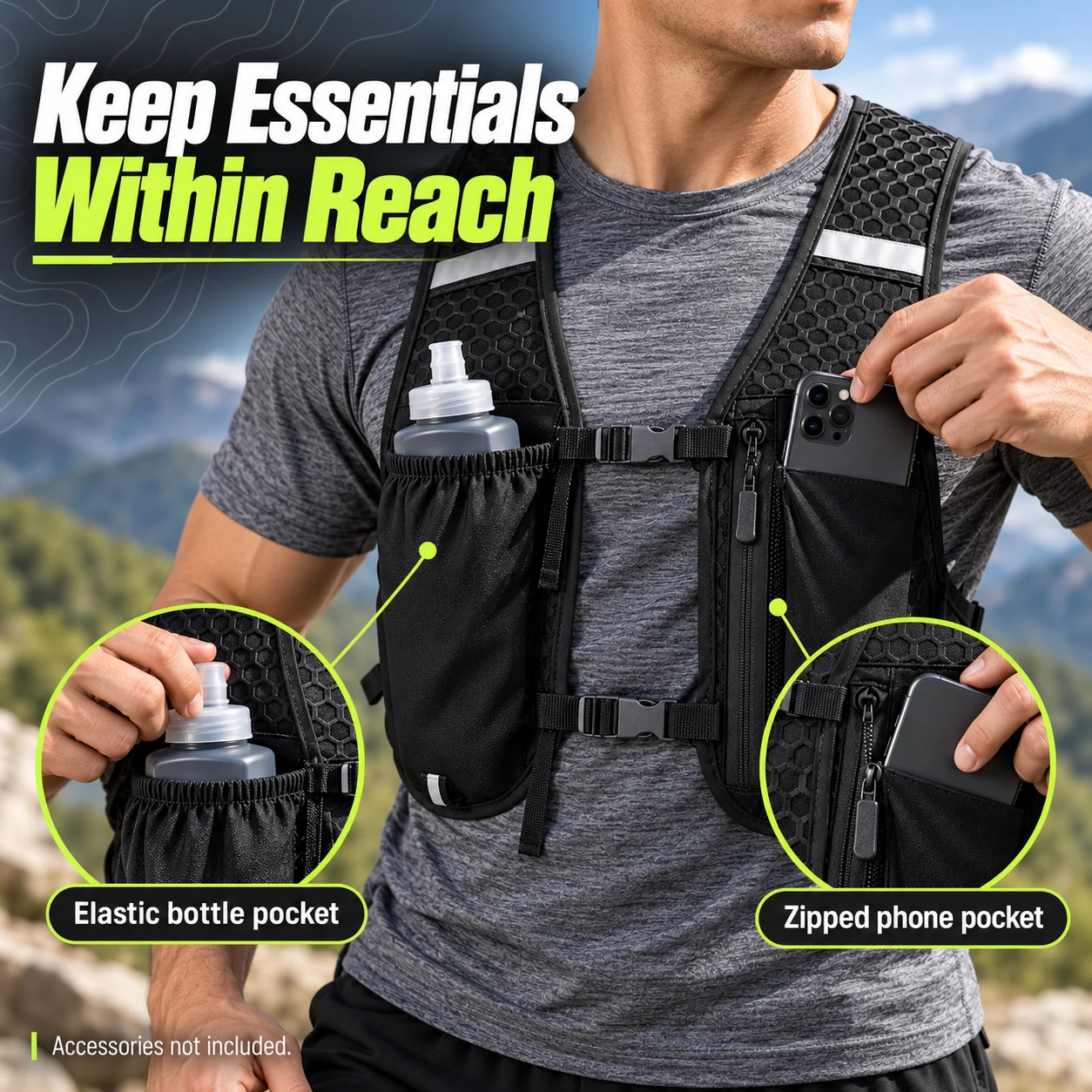 Black Running Vest Bag with Breathable Mesh, Adjustable Straps, Reflective Details and Storage Pockets for Hiking Cycling
