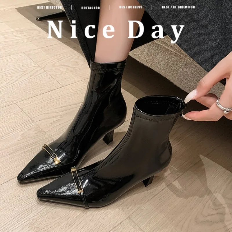 

2025 New Lacquer Belt Buckle Short Boots Pointed Skinny Women High Heels Elastic Boots Fashion Single Boots