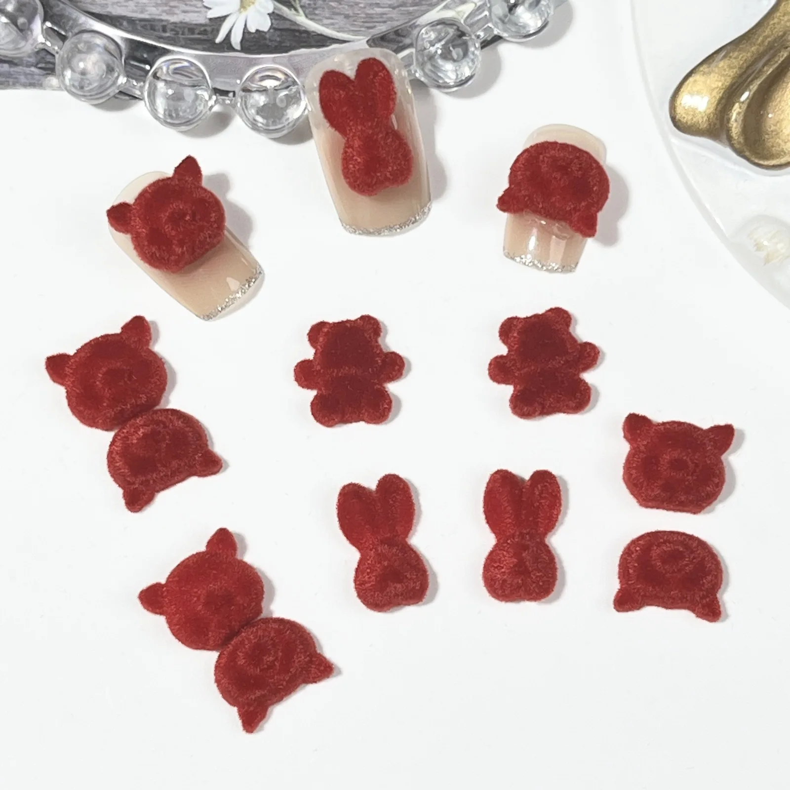 20pcs miniso red animal rabbit bear cartoon nail charms for diy nail making cute mini fluffy nail art decoreation