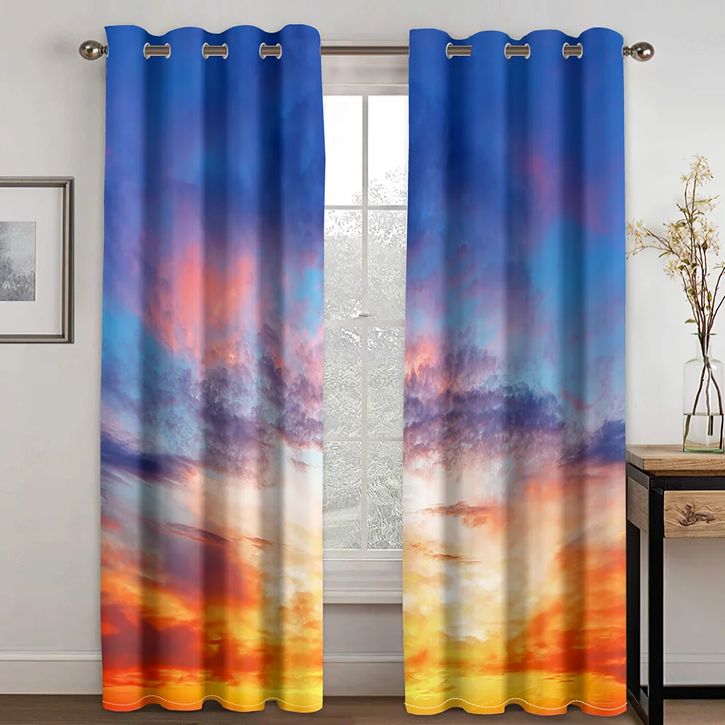 

3D Print Modern Colorful Sunset Landscape Purple Starry Sky 2 Pieces Shading Window Curtain for Living Room Bedroom Decor