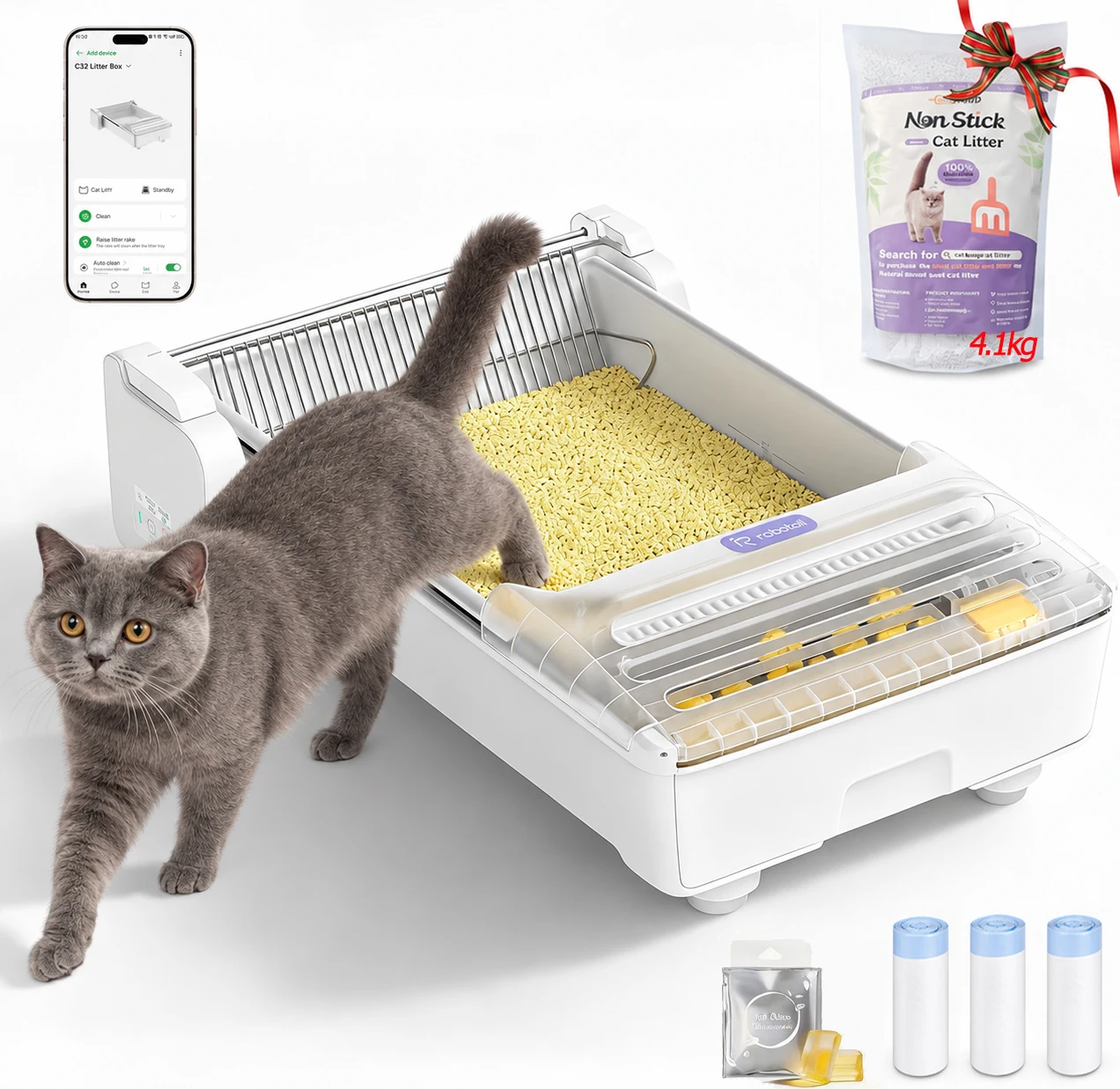 UBPet Robotail UCAT C32 Lettiera autopulente aperta, modello automatico extra grande per più gatti, con sensori di sicurezza, controllo tramite app, c