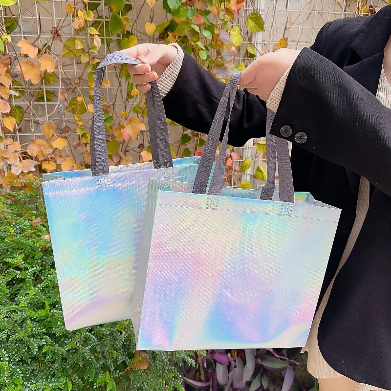 1/10PCS Iridescent Gift Bags Holographic Packaging Reusable Shopping Tote Bag for Grocery Wedding Birthday Party Gift Supplies