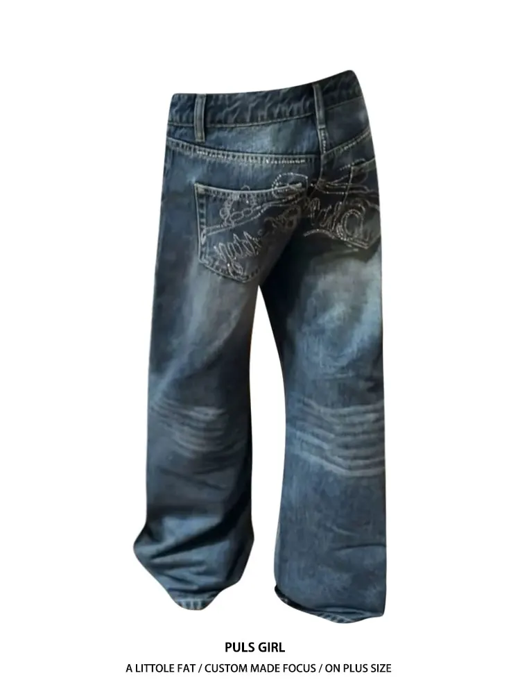 

Retro American Large Size Denim Jeans Women's High Waist Loose Fit Casual Wide Leg Pants with Rhinestones Washed Effect