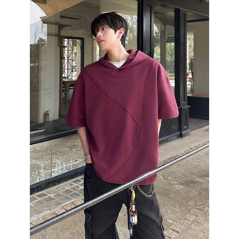 

Foufurieux Wine Red Hooded Top Men's Summer American Retro Heavyweight Half Sleeved Design, Niche Loose T-shirt Male Clothing