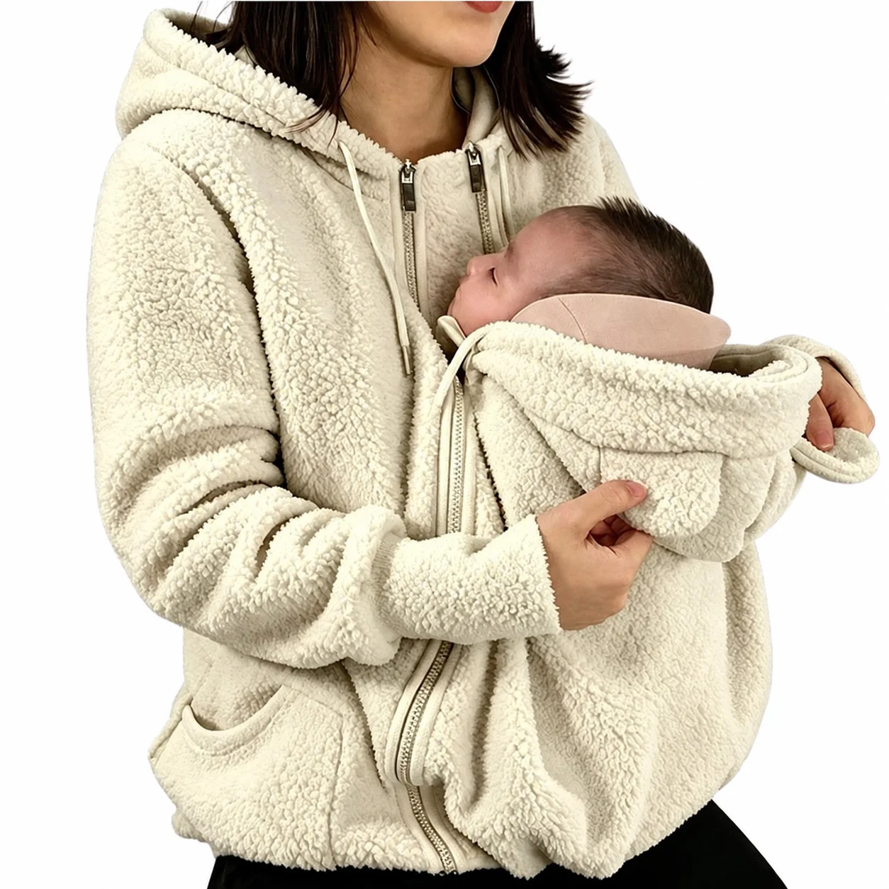 Women Fleece Baby Carrier Hoodie Warm Zip Up Maternity Jacket Kangaroo Mom Baby Winter Coat with Front Pouch