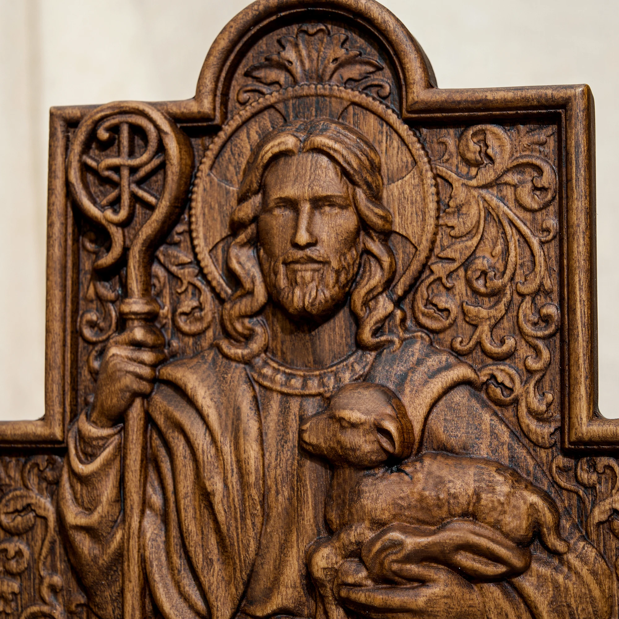 Hand Carved Wooden Icon The Good Shepherd Jesus Religious Wall Hanging Plaque Home Decor