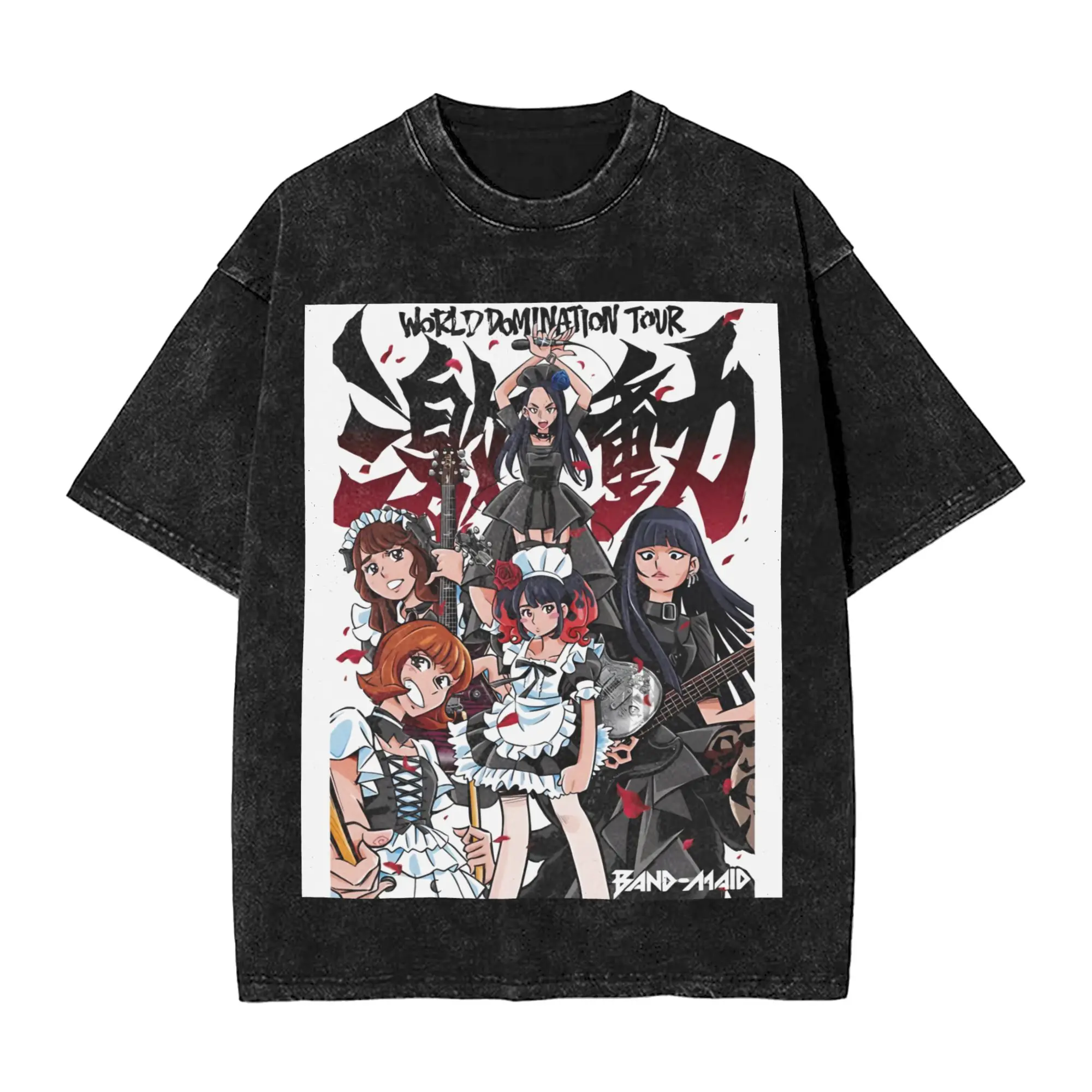 Band Maid World Domination Washed T Shirts Streetwear Hip Hop Cool T-Shirts  Tees for Men Women Cotton Harajuku Graphic