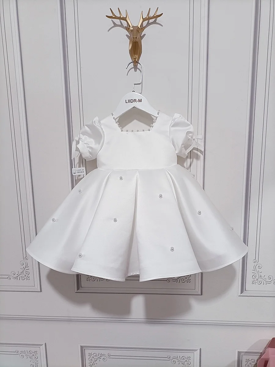 White Satin Tulle Baby Girl Dress Toddler Girls Infant 1 Year Birthday Party Puff Sleeve Beads Newborn Baptism Christening Gown