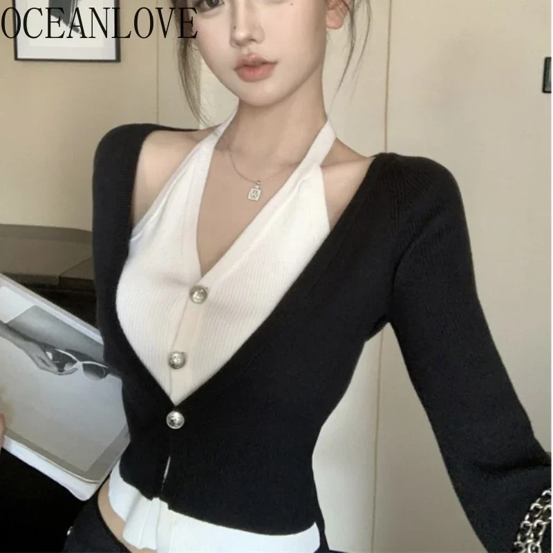 OCEANLOVE Fake 2 Pieces Women Cardigans Contrast Color Halter Korean Fashion Short Sweaters Y2k Autumn Winter Ropa De Mujer